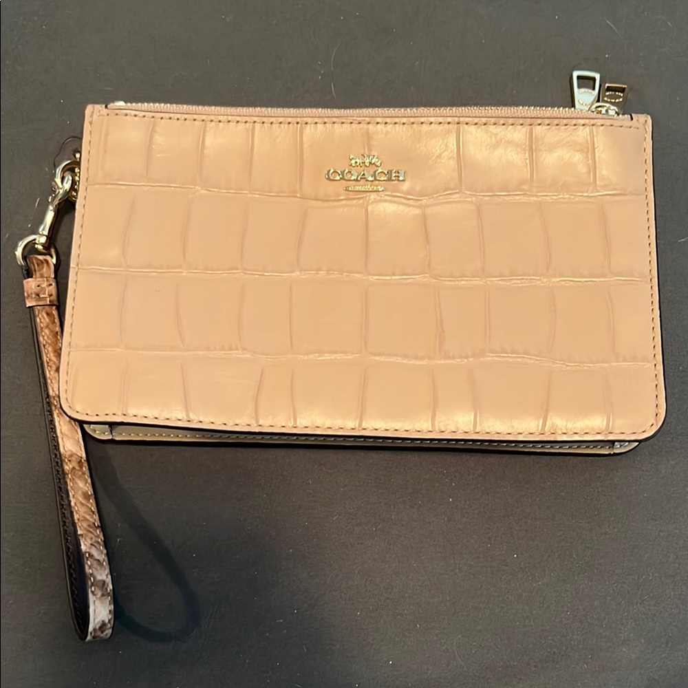 Coach Beige Croc-Embossed Wristlet